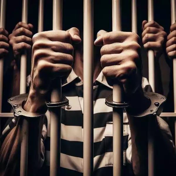 A hand reaching through prison bars